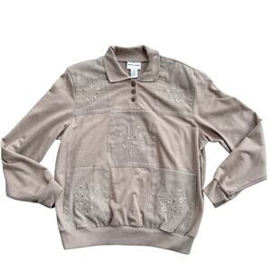 Vtg Alfred Dunner Beige Collar Shoulder Padded Sweatshirt Size M